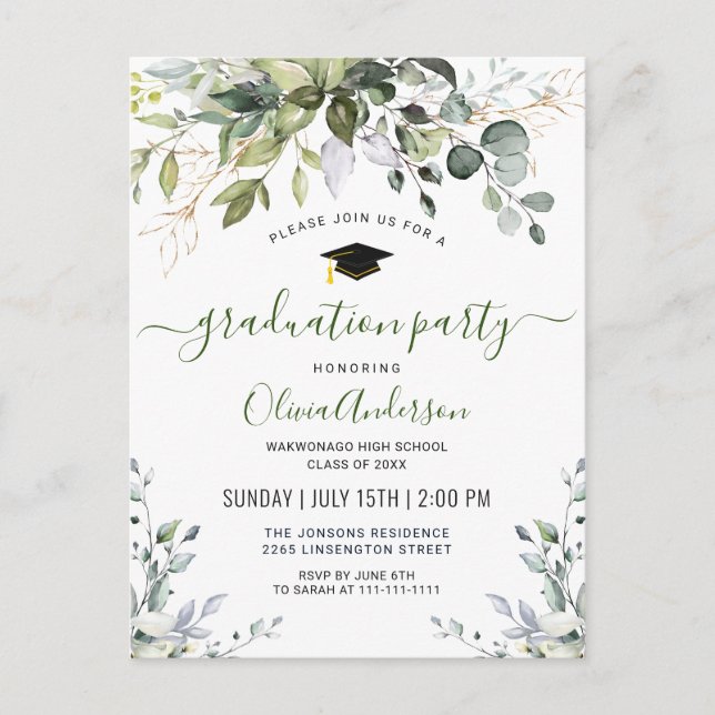 Einfache Elegant Eucalyptus Graduation Party Ankündigungspostkarte (Vorderseite)