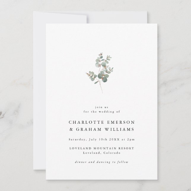 Einfache Elegant Eucalyptus Wedding Einladung (Vorderseite)