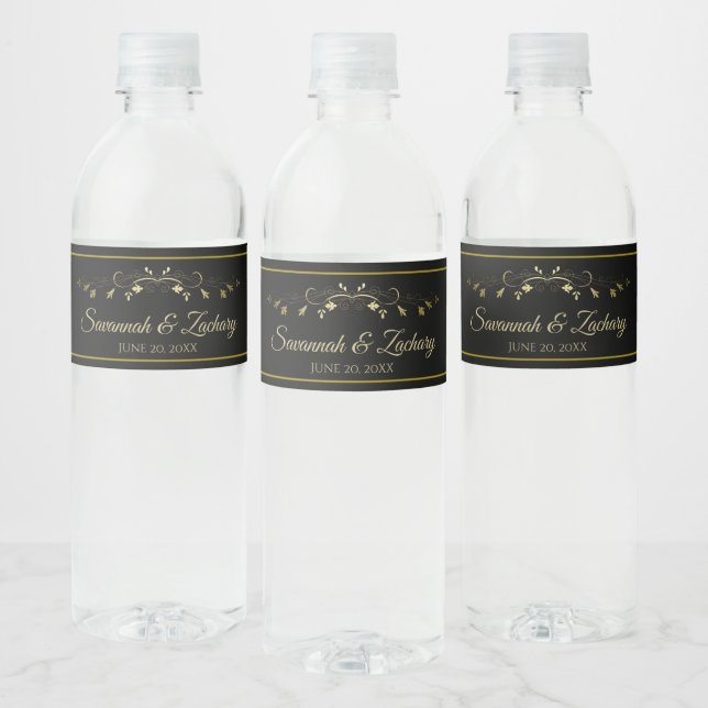 Einfache Elegant Flourish Gold & Black Wedding (Flaschen)