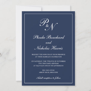 Einfache Elegant formale Monogram Navy Blue Weddin Einladung