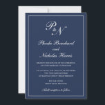 Einfache Elegant formale Monogram Navy Blue Weddin Einladung<br><div class="desc">Traditionelle marineblaue Hochzeitseinladung mit einem einfachen und klassischen Design mit Ihren beiden ersten Monogramm und Ihren Namen in einer eleganten Kalligraphie innerhalb eines dünnen Randes. Alle Designelemente können im Entwurfsbearbeitungstool geändert werden. Diese eleganten Einladungen sind perfekt für eine formelle Hochzeit.</div>