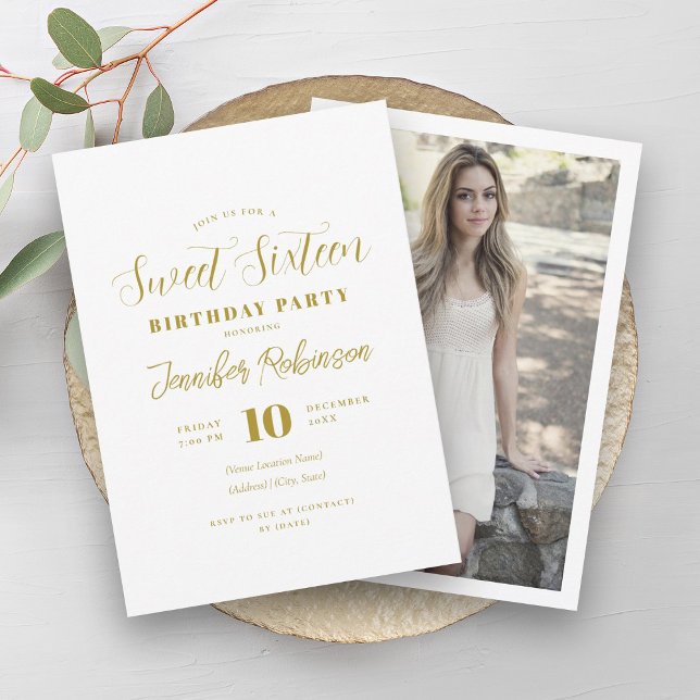 Einfache Elegant Gold Foto Sweet 16 Sechzehn Einladung (Simple Elegant Gold Photo Sweet 16 Sixteen Invitation)