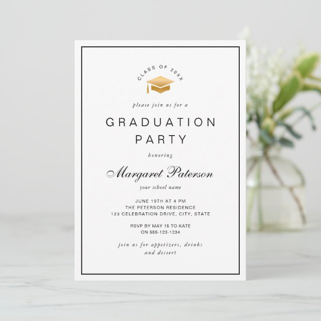 Einfache Elegant Gold Grad Cap Graduation Party Einladung (Stehend Vorderseite)
