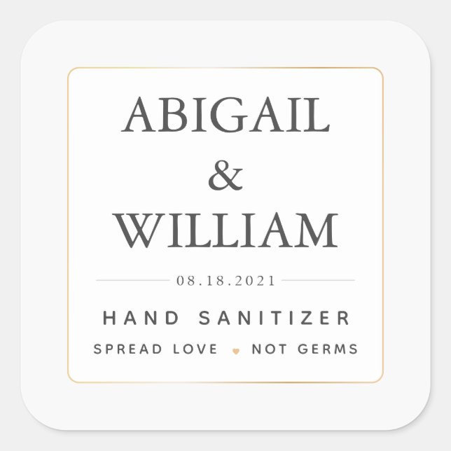 Einfache Elegant Gold Wedding Hand Sanitizer Covid Quadratischer Aufkleber (Vorderseite)