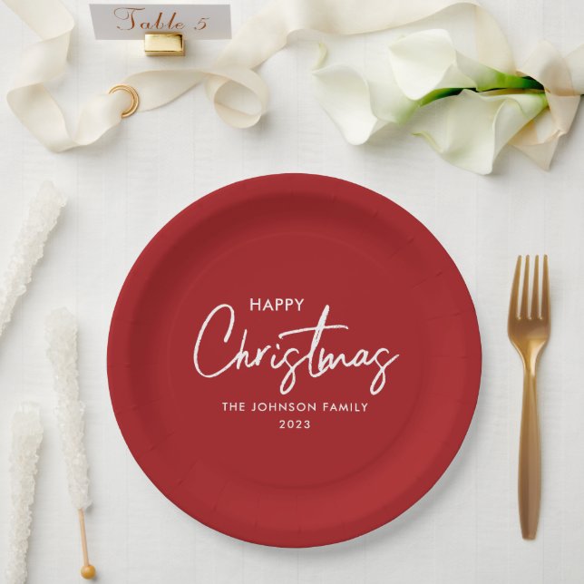 Einfache Elegant Modernes Rotes Glück Weihnachten Pappteller (Hochzeit)