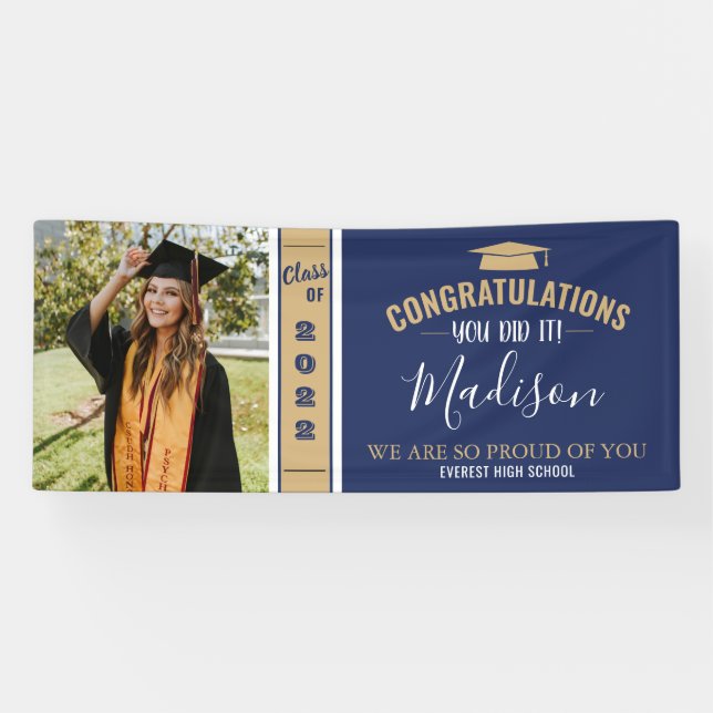 Einfache Elegant Navy Blue 1 Foto Abschluss Banner (Horizontal)