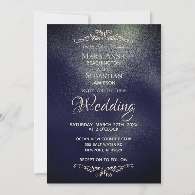 *~* Einfache Elegant Navy BLue Gold Hochzeit Einladung (Vorderseite)