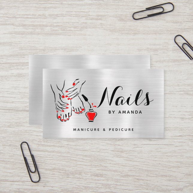 Einfache Elegant Red Nails Luxury White Shiny Visitenkarte (Vorderseite/Rückseite Beispiel)