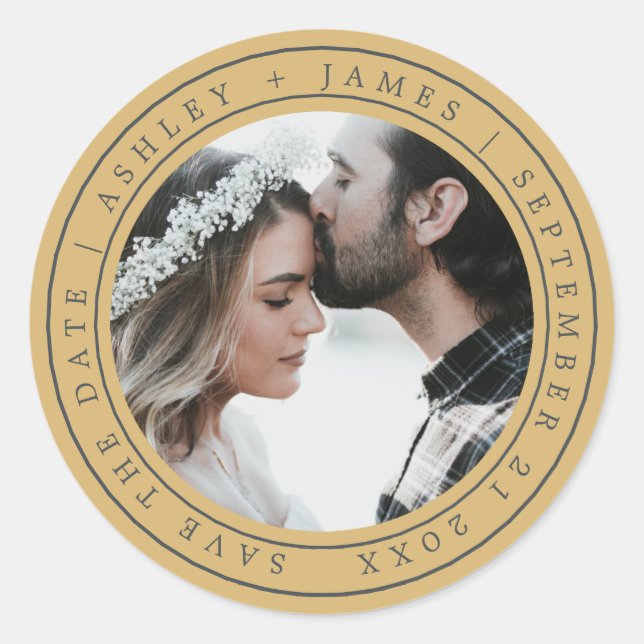 Einfache Elegant Save the Date Hochzeitsheiz-Foto  Runder Aufkleber (Vorderseite)