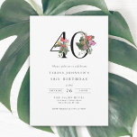 Einfache Elegant Tropical 40. Geburtstag Einladung<br><div class="desc">Dieses 40. Geburtstagsgeschenk besticht durch ein gepflegtes minimalistisches Design mit einer Touch von Eleganz. Die Nummer "40" wird in einem großen, anmutigen Serif-Schriftart mit lebhaften tropischen Blume und üppigem Blattwerk hervorgehoben, um einen farbenfrohen und bemalten Details hinzuzufügen. Palmenfronten, Hibiskus, Feigenblüten, Anthurien, Paradiesvogel und Orchideen schmücken die Zahl "40" mit Schönheit...</div>