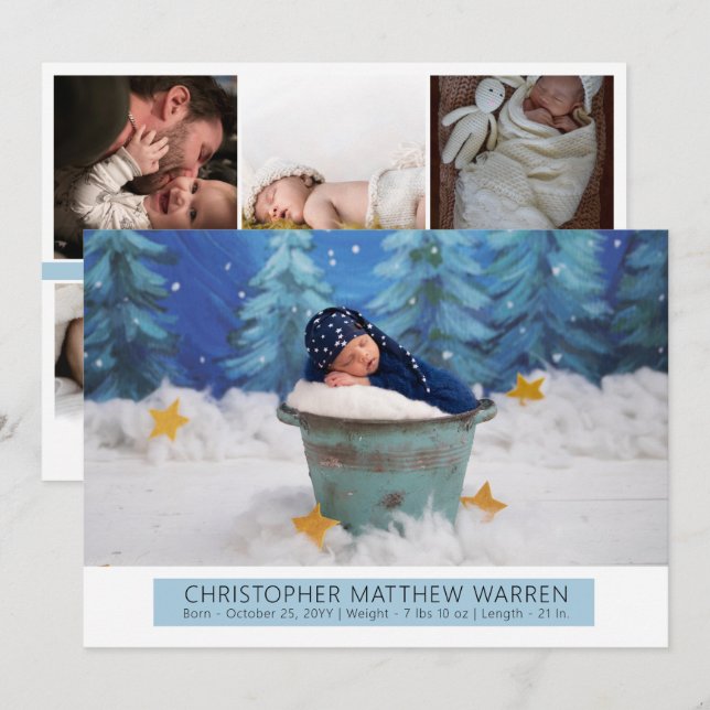 Einfache Elegant White |Blue Foto Collage Boy Birt Ankündigung (Vorne/Hinten)