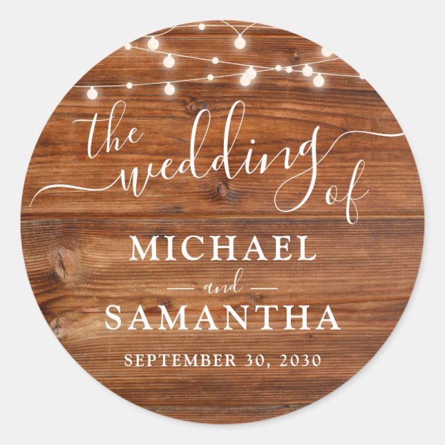 Einfache Elegant Wood Rustic Wedding Runder Aufkleber (Vorderseite)