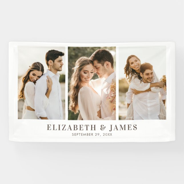 Einfache Elegante 3 Foto Hochzeit Banner (Horizontal)