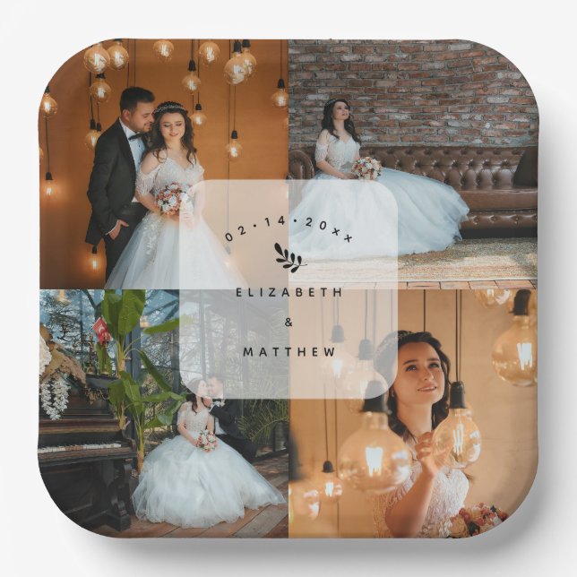 Einfache Elegante 4 Foto Collage Wedding Party Pappteller (Vorderseite)