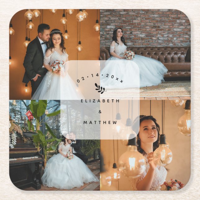 Einfache Elegante 4 Foto Collage Wedding Party Rechteckiger Pappuntersetzer (Vorderseite)