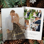 Einfache, elegante 6 Fotos frisch vermählt Frohe W Feiertagskarte<br><div class="desc">Elegante Imitate goldene Drehbuch Hochzeit sechs Paar Foto Collage Overlay Name und Text personalisiert erste Weihnachtskarte.</div>