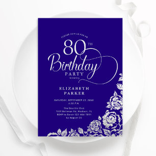 Einfache elegante 80. Geburtstag Lila Silberne Ros Einladung