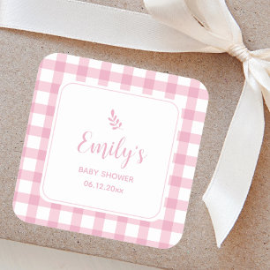 Einfache elegante Baby-Rosa-Gingham-Girl-Baby-Part Quadratischer Aufkleber