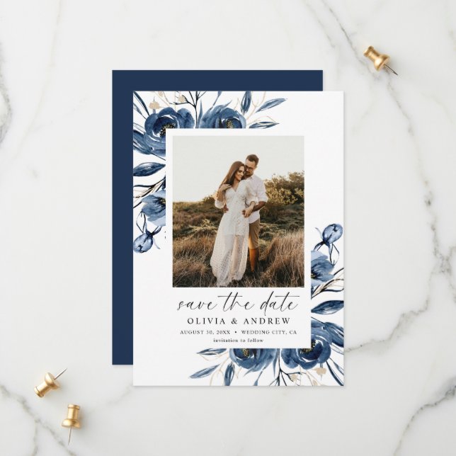 Einfache elegante blaue Blumen-Script- und Foto-Ho Save The Date (Vorderseite/Rückseite Beispiel)