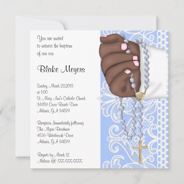 Einfache Elegante Blaue Rosare Taufe/Christening Einladung (Vorderseite)