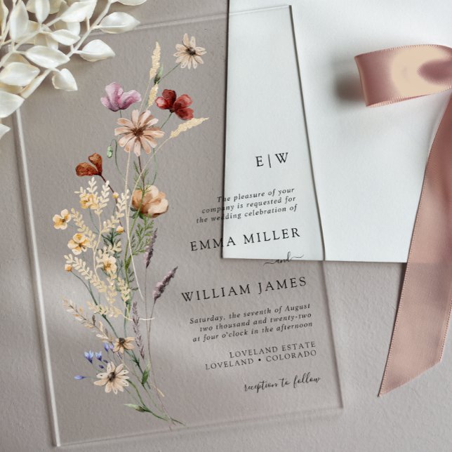 Einfache Elegante Blumenhochzeit Acryleinladungen (Boho Wildflowers Wedding Acrylic Invitations by Painted Paperie
)