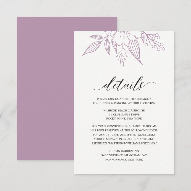 Einfache Elegante Blumenhochzeit Lavender Lila Begleitkarte (Vorne/Hinten)
