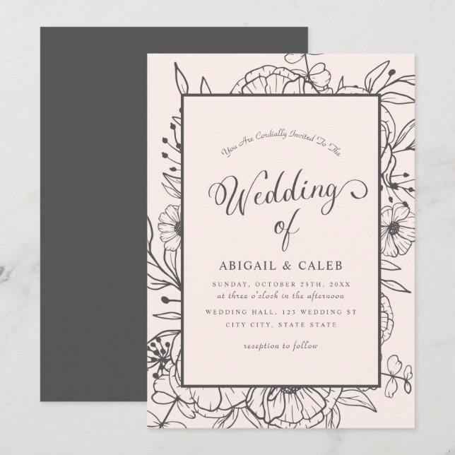 Einfache Elegante Blumenkizze Pink & Gray Hochzeit Einladung (Vorne/Hinten)