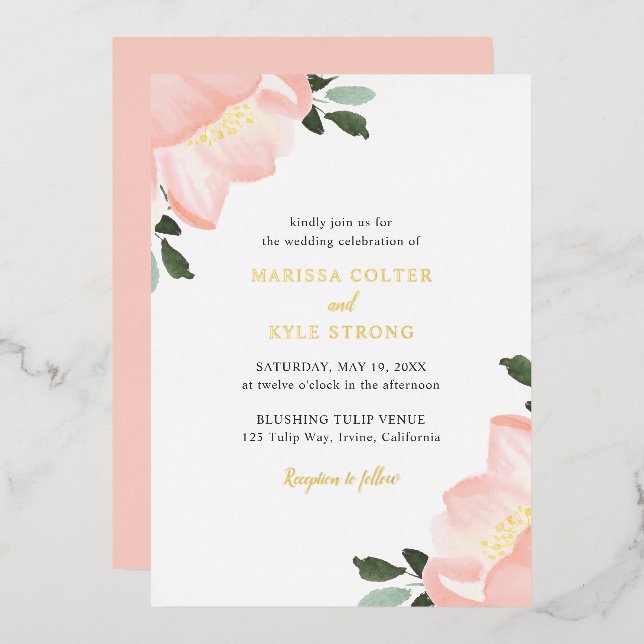 Einfache, elegante Blush Pink Floral Wedding Gold Folieneinladung (Vorderseite/Rückseite)