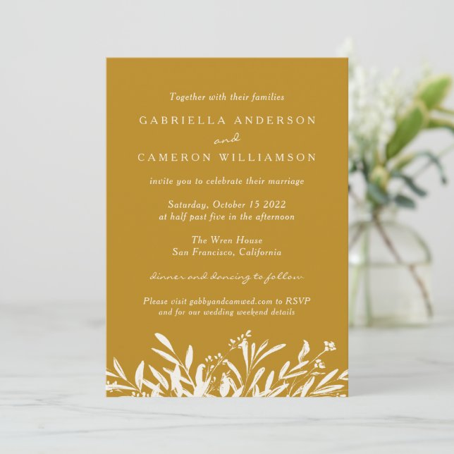 Einfache Elegante Botanische Mustard Boho Hochzeit Einladung (Stehend Vorderseite)