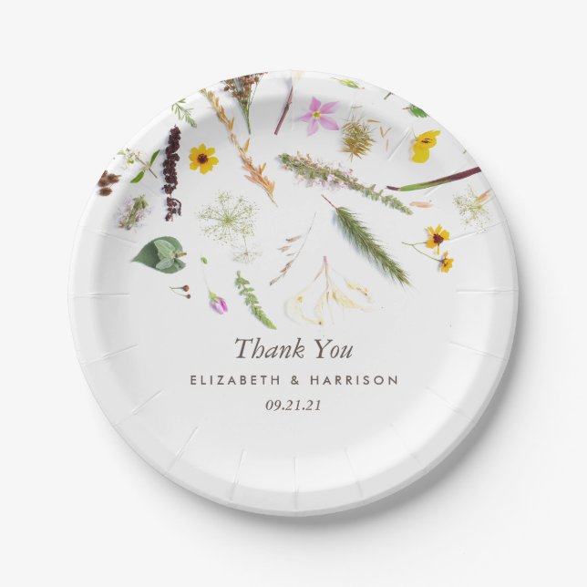 Einfache, elegante Botanische Wilde Blume Hochzeit Pappteller (Vorderseite)