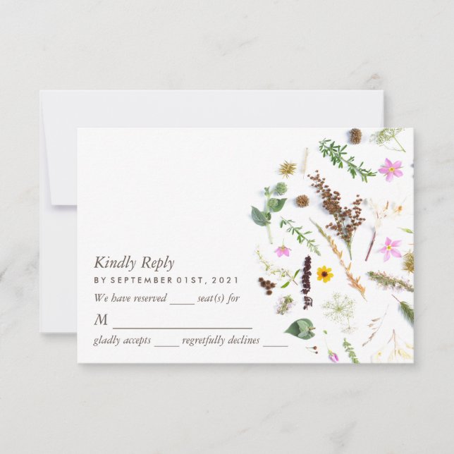Einfache, elegante Botanische Wilde Blume Hochzeit RSVP Karte (Vorderseite)