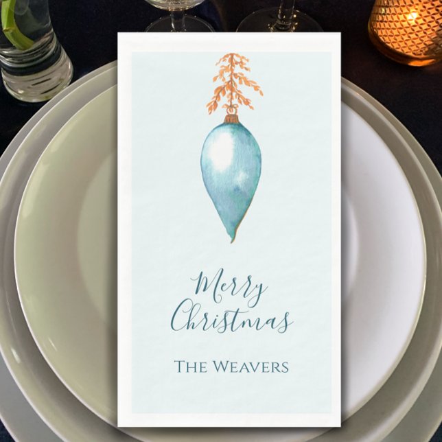 Einfache Elegante Botanisches Wasser Weihnachten Serviette (Blue Merry Christmas dinner napkin. Personalized modern simple hand painted watercolor bauble.

)