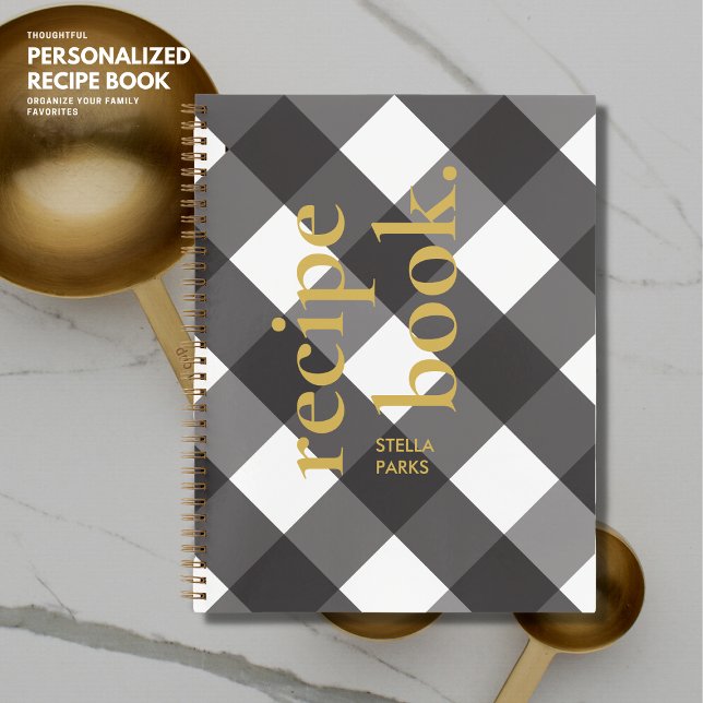 Einfache Elegante Chic Black Gingham Gold Rezept Notizbuch (Von Creator hochgeladen)