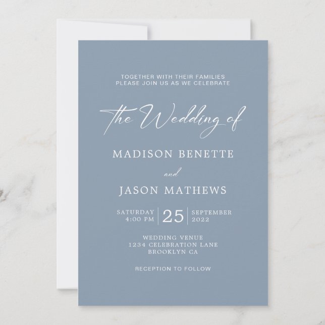Einfache Elegante Classy Dusty Blue Foto Wedding Einladung (Rückseite)