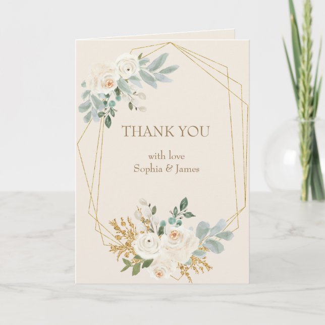 Einfache, elegante Cream Gold Floral Frame Wedding Dankeskarte (Vorderseite)