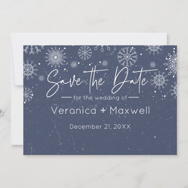 Einfache & elegante dunkelblaue Winter-Themenschne Save The Date (Vorderseite)