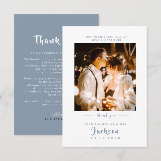 Einfache, elegante Duschblau mit Foto Wedding Dankeskarte (Vorne/Hinten)