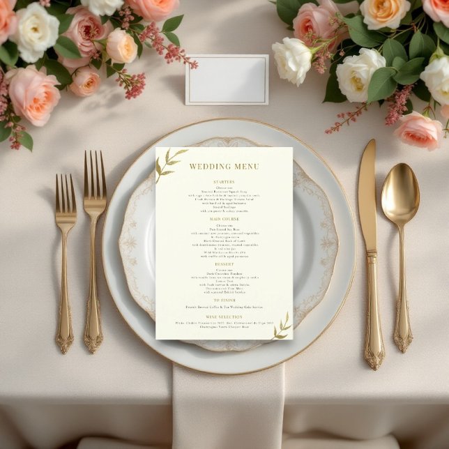 Einfache, elegante Elfenbein- und Goldhochzeit Menükarte (luxury elegant wedding menu card filly custionizable , in ivory and gold )