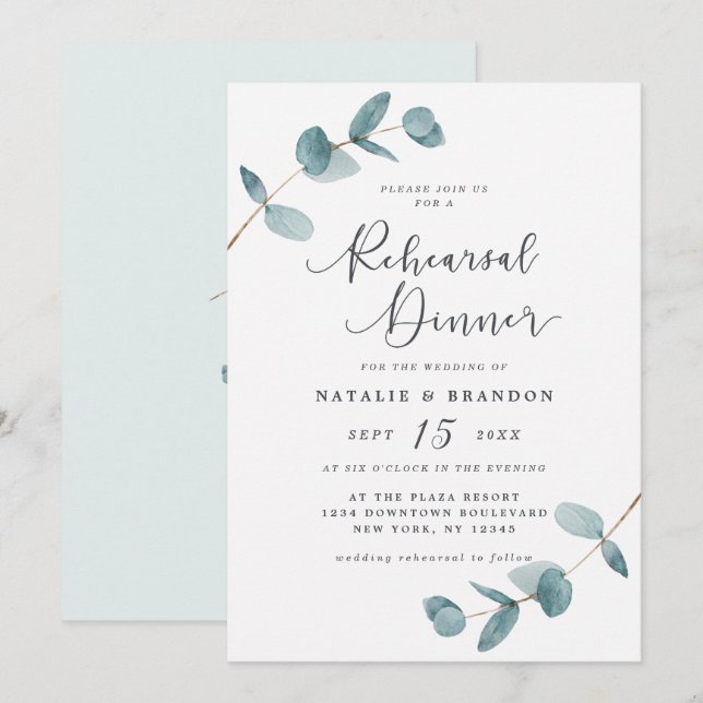 Einfache Elegante Eukalyptus Hochzeit Probe Dinner Einladung (Vorne/Hinten)