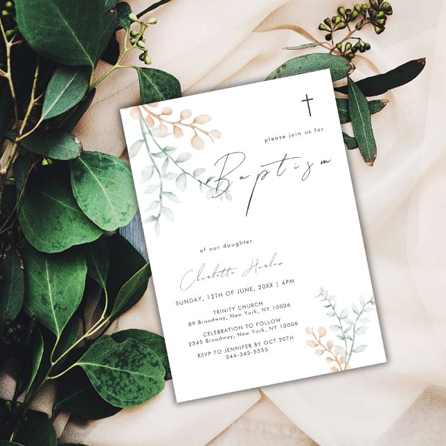 Einfache elegante Eukalyptus-Kreuztaufe Einladung (Simple Elegant Eucalyptus Cross Baptism Invitation)