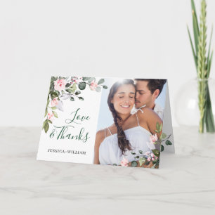 Einfache elegante Eukalyptus-Rosa-Rosen-Hochzeit Dankeskarte