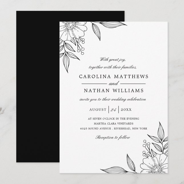 Einfache elegante Flora Corners Wedding Black Einladung (Vorne/Hinten)