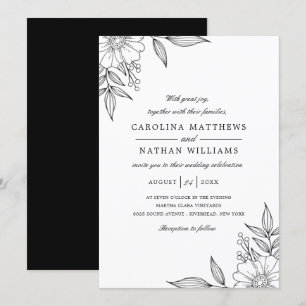 Einfache elegante Flora Corners Wedding Black Einladung