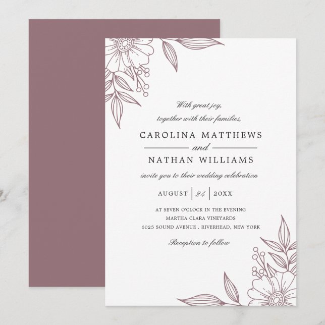 Einfache elegante Floral Corners Wedding Mauve Einladung (Vorne/Hinten)