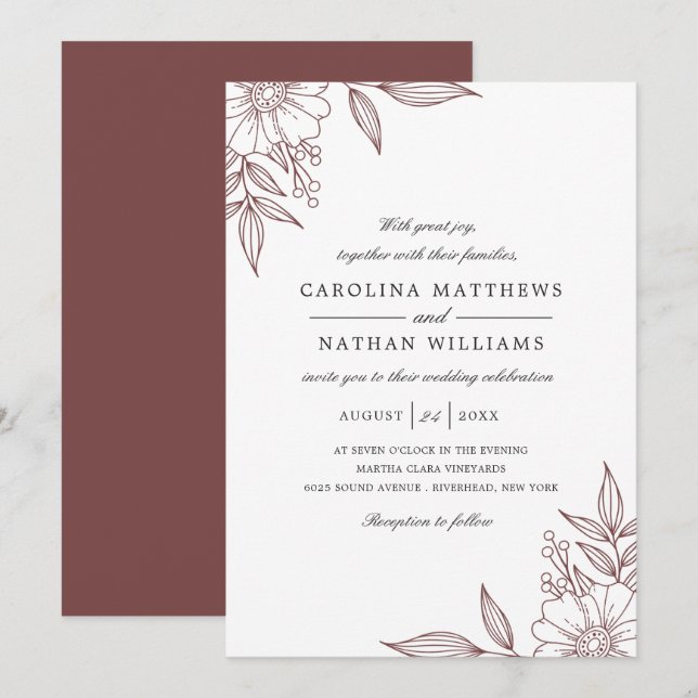 Einfache elegante Floral Corners Wedding Red Einladung (Vorne/Hinten)