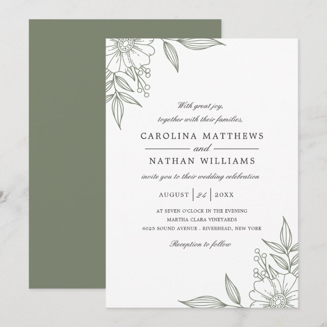 Einfache elegante Floral Corners Wedding Sage Einladung (Vorne/Hinten)