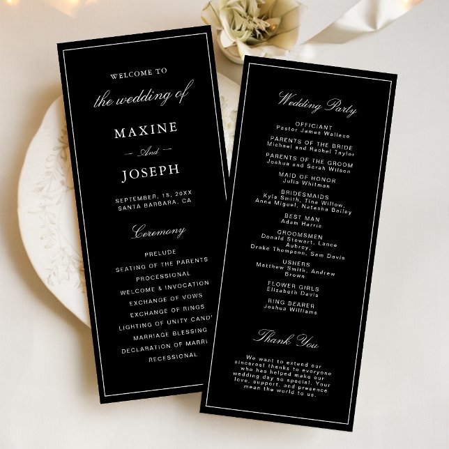 Einfache elegante formelle schwarze und weiße Hoch Programm (Simple black and white wedding program keeps guests informed with elegant style.)