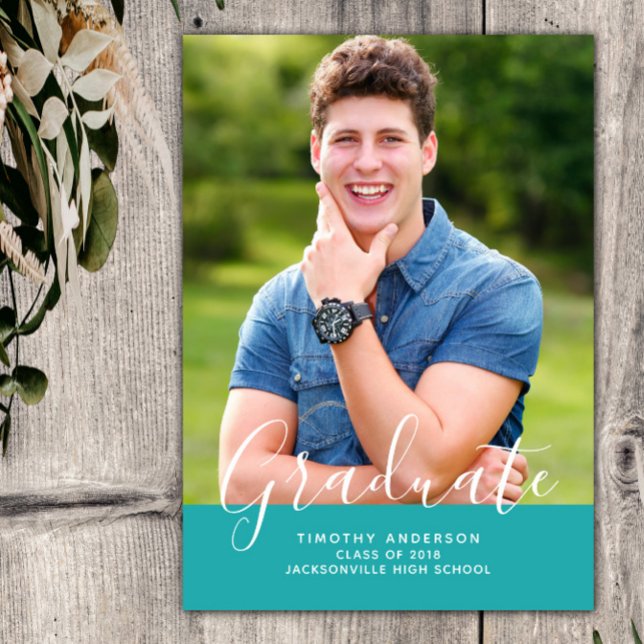 Einfache Elegante Foto Abschluss Vertikal | AQUAMA Einladung (Teal Simple Elegant Photo Graduation Vertical Announcement)