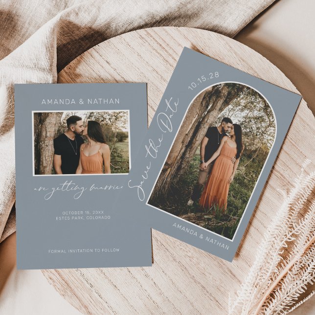 Einfache Elegante Foto Dusty Blue Wedding Save The Date (Von Creator hochgeladen)