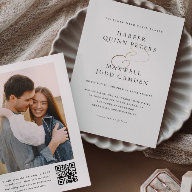 Einfache Elegante Foto Hochzeit Einladung (Elegant Typography Black and White with Gold Photo Wedding Invitation with QR code.)